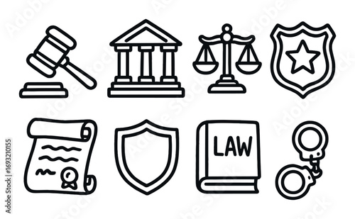 Legal and justice linear icon set. featuring gavel, courthouse, scales, badge, document, shield, law book, handcuffs.