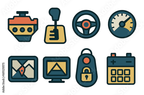 Automotive flat icon set. featuring engine, gearbox, steering, speedometer, map, gps, input, and secure symbols.