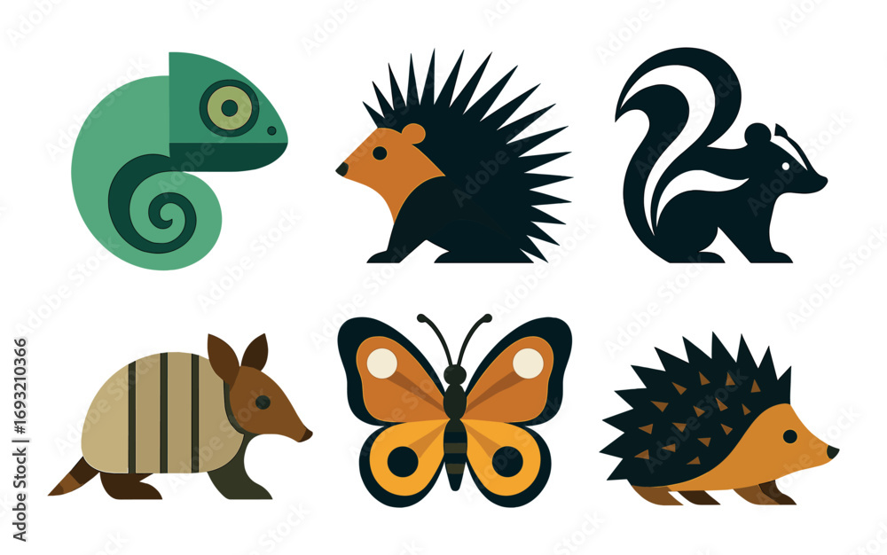 Fototapeta premium Wildlife animals flat icon set. featuring chameleon, porcupine, skunk, armadillo, butterfly, hedgehog symbols.