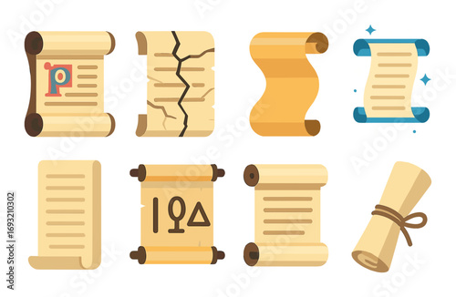 Fantasy scrolls flat icon set. featuring map, treasure, magic, ancient, sealed, cracked, parchment, paper, and scroll icons.