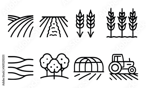 Agriculture and farming linear icons set. featuring field, irrigation, wheat, orchard, greenhouse, tractor.