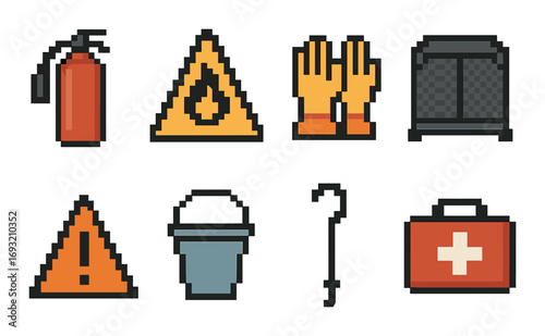 Safety tools pixel icon set. featuring fire extinguisher, hazard sign, gloves, barricade, alert, bucket, crowbar, first aid.