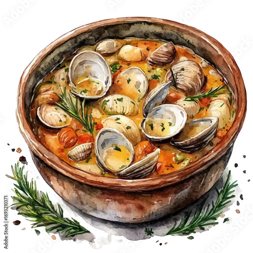 watercolor vector of Clam Chowder, isolated on a white background.