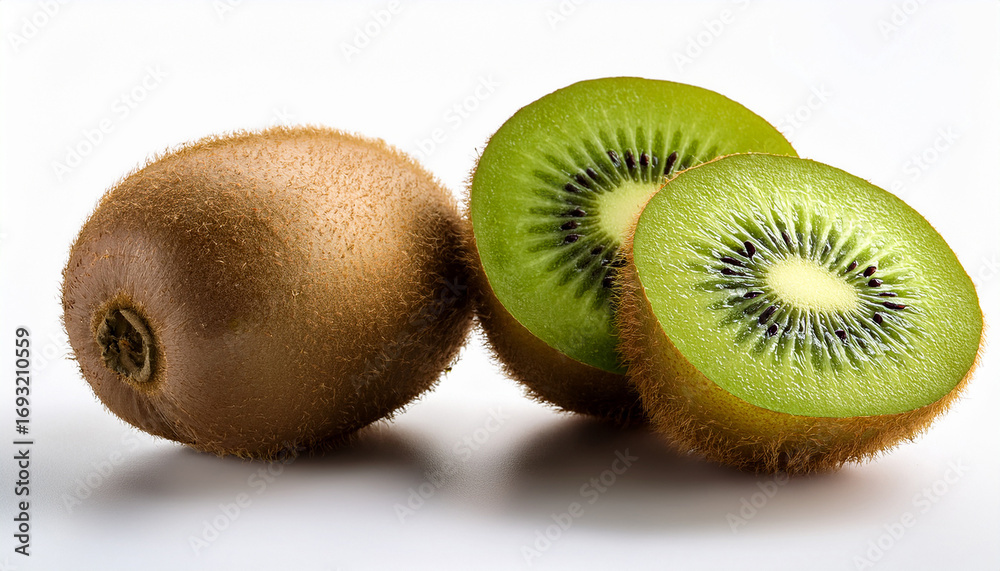 Fototapeta premium A Whole And Sliced Kiwi Are Isolated On White Background