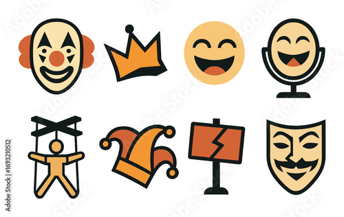 Theater and comedy flat icon set. featuring clown, crown, smile, mask, puppet, jester, microphone, sign.