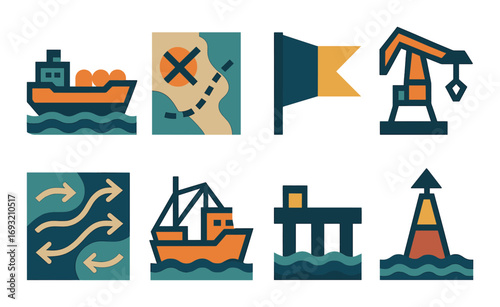 Marine navigation flat icons set. featuring ship, map, flag, crane, currents, fishing boat, dock, buoy..