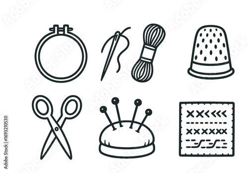 Sewing linear icons set. featuring hoop, needle, thread, thimble, scissors, pincushion, and patch symbols.