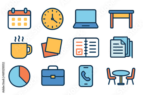 Office essentials linear icon set. featuring calendar, clock, laptop, desk, coffee, notes, planner, documents, chart, briefcase, phone, table.