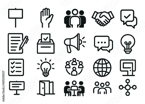Business and communication linear icon set. featuring call, network, meeting, idea, teamwork, and vote symbols.