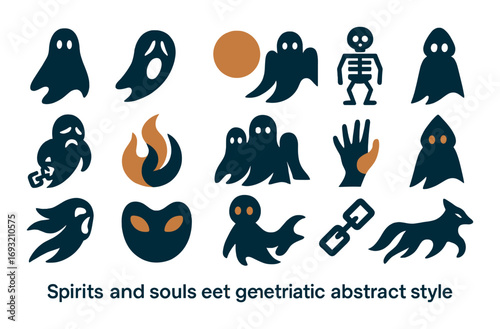 Spirits and souls flat icon set. featuring ghost, fire, skeleton, mask, hand, wolf, and chain symbols.