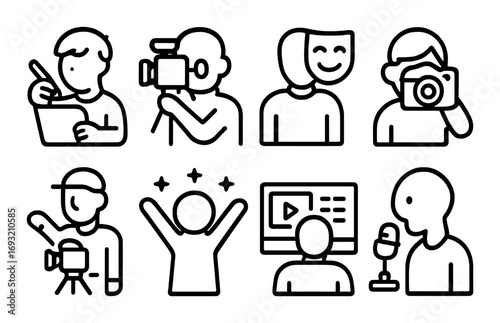 Filmmaking linear icon set. featuring director, camera operator, smile, photographer, vlogger, and presenter symbols.