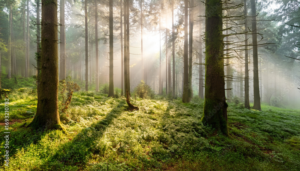 Obraz premium sunlight shining through the trees in a misty forest with green ground cover and tall tree trunks