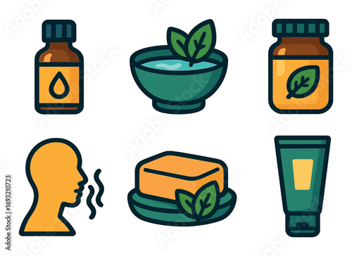 Essential oils flat icon set. featuring bottles, bowl, jar, aroma, soap, and tube symbols.