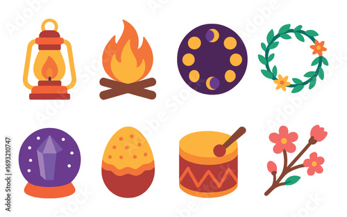 Camping festival flat icon set. featuring lantern, campfire, moon phases, wreath, crystal, egg, drum, and branch.