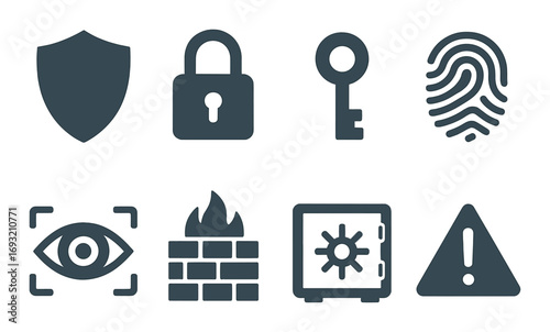 Security silhouette icon set. featuring shield, lock, key, fingerprint, surveillance, and safe symbols.