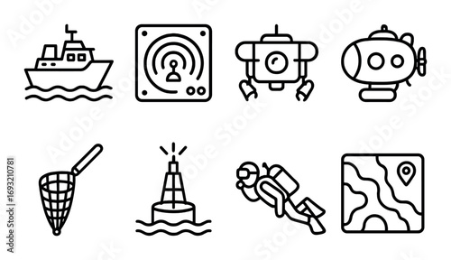 Marine exploration linear icon set. featuring ship, sonar, submarine, net, buoy, diver, map symbols.