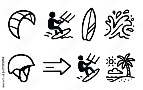 Water sports silhouette icons set. featuring kitesurfing, surfboard, splash, helmet, arrow, kite, and beach symbols.