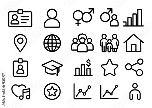 Social interaction and business linear icon set. featuring id card, gender, chart, location, world, group, family, home, badge, graduation, graph, star, share, heart, music.