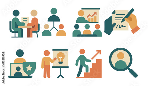 Business meeting silhouette icon set. featuring presentation, teamwork, agreement, and analysis symbols.