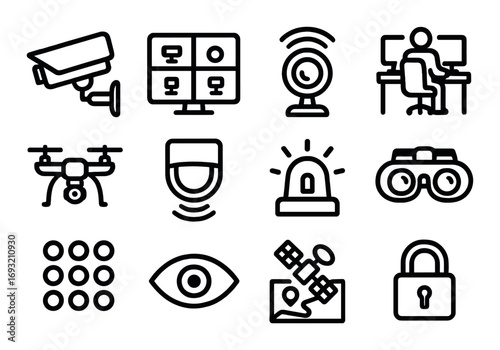 Security and surveillance linear icon set. featuring cctv, webcam, drone, alarm, binoculars, eye, satellite, lock.