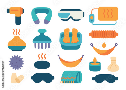 Spa and wellness flat icons set. featuring hair dryer, neck pillow, eye mask, foot bath, aroma lamp, towel, and candle.
