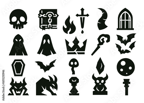 Halloween silhouette icon set. featuring skull, spellbook, dagger, ghost, fire, bat, and demon symbols.