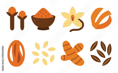 Spices flat icon set. featuring clove, saffron, vanilla, nutmeg, cardamom, cumin, star anise, turmeric.