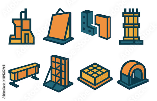 Industrial equipment flat icon set. featuring factory, easel, domino, tower, bridge, scaffolding, blocks, kiln.