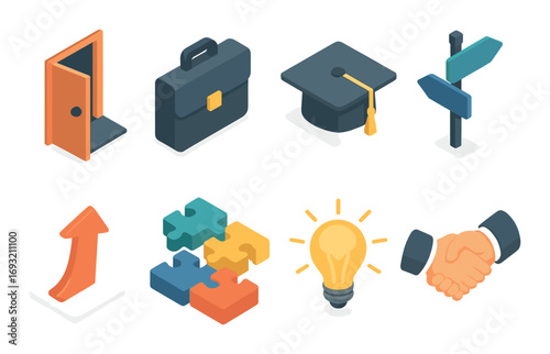Business and education 3d icon set. featuring door, briefcase, graduation cap, signpost, arrow, puzzle, light bulb, handshake symbols.