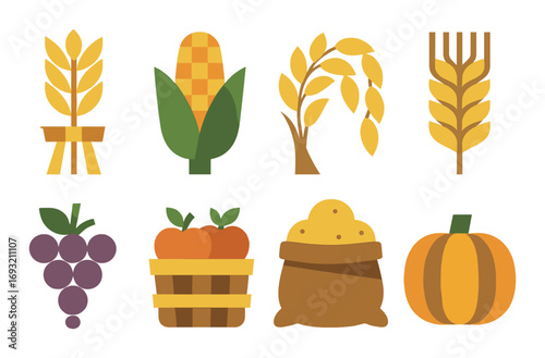 Harvest silhouette icon set. featuring wheat, corn, tree, rake, grapes, apples, potatoes, and pumpkin.