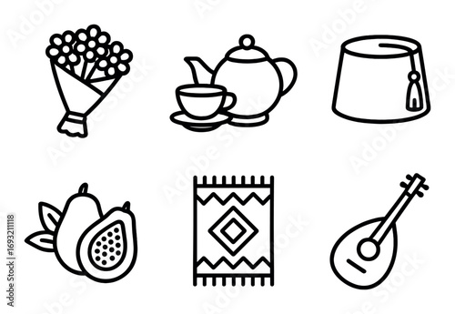 Cultural heritage silhouette icon set. featuring tea set, fez hat, oud, rug, guava, and bouquet symbols.