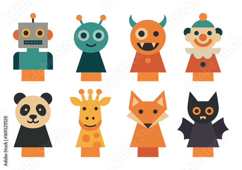 Animal and monster silhouette icon set. featuring robot, alien, monster, clown, panda, giraffe, fox, and bat..