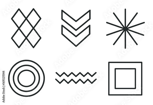 Abstract shapes silhouette icon set. featuring diamond, arrows, starburst, circles, waves, and square symbols.