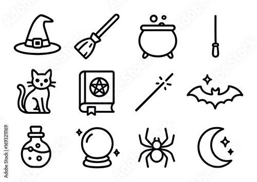 Halloween flat icon set. featuring witch hat, broom, cauldron, wand, cat, book, bat, potion, crystal ball, spider, and moon.