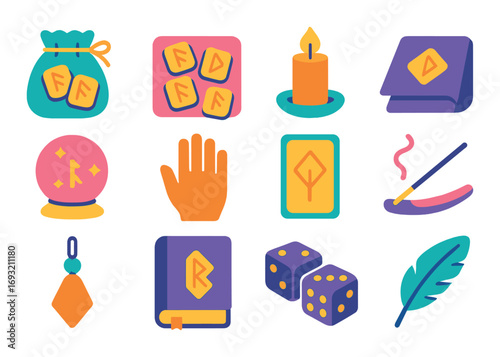 Mystic and magical flat icons set. featuring runes, tarot cards, candle, dices, feather, and incense.