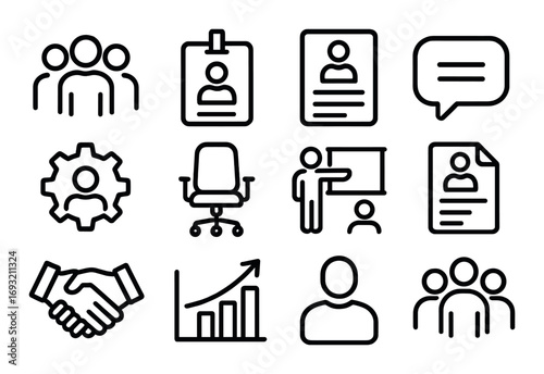 Business meeting linear icon set. featuring team, id badge, cv, chat, settings, office chair, presentation, document, handshake, and growth..