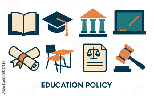 Education linear icon set. featuring book, graduation cap, university, chalkboard, diploma, desk, legal document, gavel.