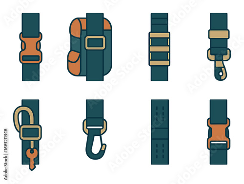 Camping equipment flat icon set. featuring backpack, buckle, carabiner, strap, and hook symbols.