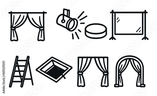 Stage equipment linear icon set. featuring curtain, spotlight, podium, backdrop, ladder, trapdoor symbols.