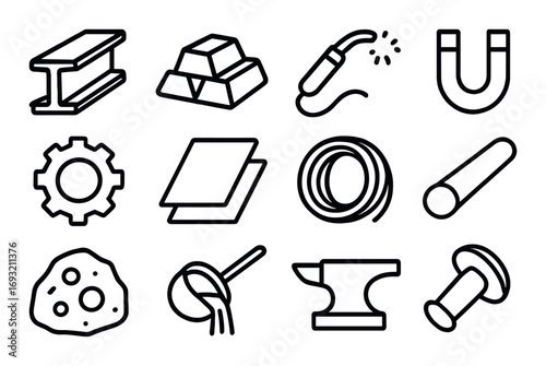 Industrial material linear icon set. featuring i-beam, gold bar, welding tool, magnet, gear, sheet metal, coil, rod, mineral, molten metal, anvil, rivet.