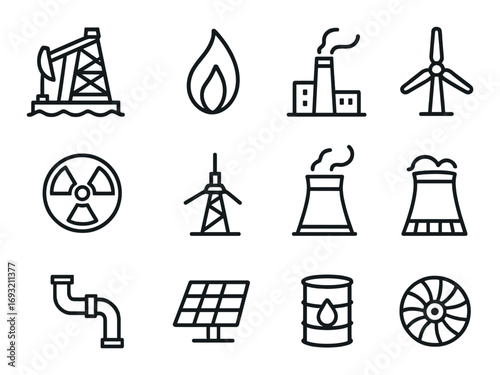 Energy sources linear icon set. featuring oil rig, flame, factory, wind turbine, radiation, solar panel.