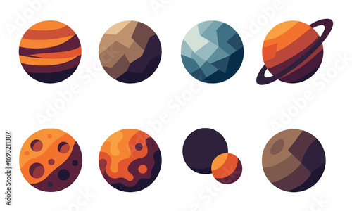 Space elements flat icons set. featuring planets, asteroids, orbits, galaxies, stars, and satellites.