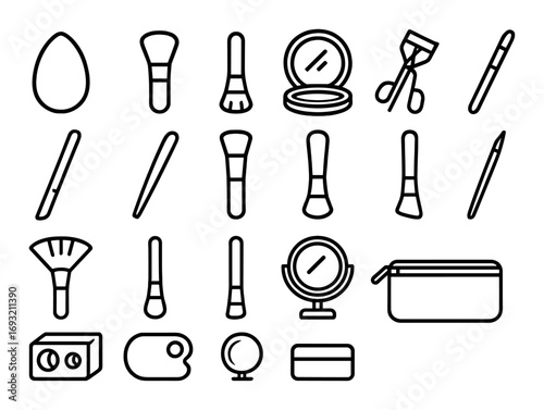 Beauty tools linear icon set. featuring blender, brush, mirror, curler, comb, and makeup case symbols.