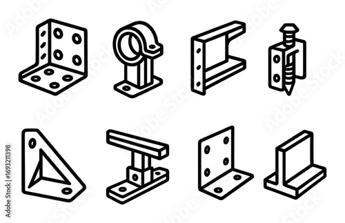 Construction tools linear icons set. featuring bracket, clamp, angle, fastener, connector, and hanger symbols.