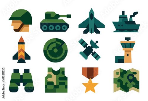 Military equipment flat icon set. featuring soldier, tank, jet, ship, missile, radar, satellite, control tower, binoculars, vest.