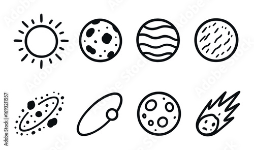 Celestial bodies silhouette icon set. featuring sun, moon, planets, asteroid, galaxy, and comet symbols.