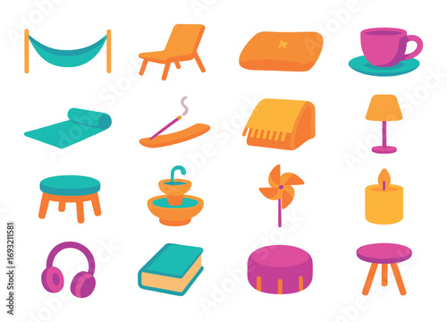 Home relaxation flat icon set. featuring hammock, lounge, pillow, cup, yoga mat, vaporizer, blanket, lamp, stool, fountain, pinwheel, candle, headphones, book.