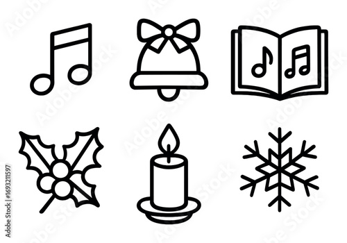 Christmas music silhouette icon set. featuring note, bell, book, holly, candle, snowflake symbols.