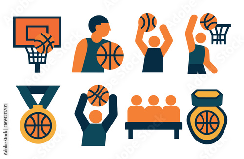 Basketball silhouette icon set. featuring hoop, player, dunk, trophy, medal, and audience symbols.