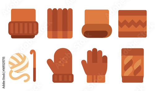 Winter apparel flat icon set. featuring hat, gloves, scarf, mitten, yarn, cane, garment, and beanie symbols.